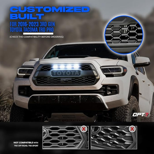 OPT7 4PCS Front LED Grille Lights for Tacoma TRD PRO 2016 2017 2018 2019 2020 2021 2022 2023, with Wire Harness and Fuse Tap, White Grill Light, Smoke Lens