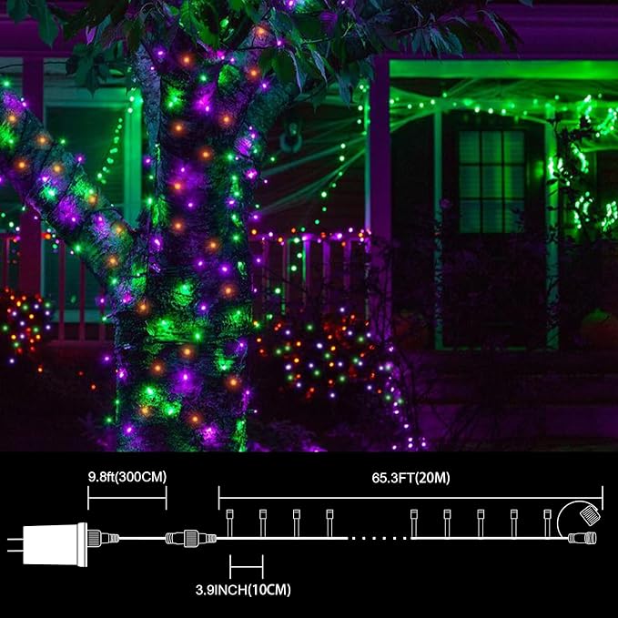 66ft Halloween Decorative Mini Lights, 200 LED Brown Wire Fairy Starry String Lights Plug in, 16 Lighting Modes for Halloween Outdoor Party Decoration (Orange/Purple/Green)