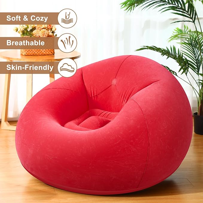 Realspring 6 9 12 Pcs Inflatable Bean Bag Chairs for Adults with Electric Air Pump, Blow up Couch Folding Portable Inflatable Couch Lazy Sofa for Outdoor Movie Night Camping(Red,9 Pcs)