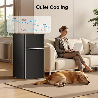 Kismile 2.6 Cu.Ft Mini Fridge with Freezer for Bedroom & Office, Black | Compact Refrigerator with 2 Reversible Doors, 3-level Adjustable Thermostat, Removable Shelves & Interior Light for Dorm