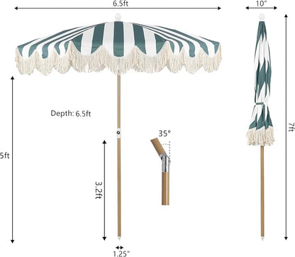 JONATHAN Y Mariner 6.5 ft. Striped Fringe Beach Umbrella, Green/White | Push-Button Tilt, UV 50 Protection, Matching Carry Bag, Light Brown Wood Finish Iron Pole, Wind Vent, Scalloped Round Canopy