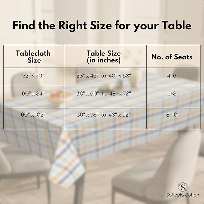 Gingham Check Tablecloth, 60x102 Inches, 100% Cotton, Washable, Table Cover for Summer Parties, Holidays and Everyday Dining, Indigo Blue - Mustard Yellow - Aqua Blue and White Plaid