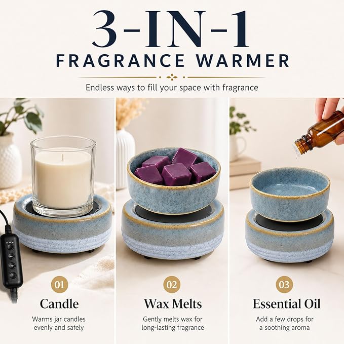 Candle Wax Melt Warmer with Timer Ceramic Electric Wax Melt 4-in-1 Oil Burner Adjusting Temperature Fits Yankee Large Jar Scented Candle for Home Decor Birthday Gifts for Women Mom Grandma Girls