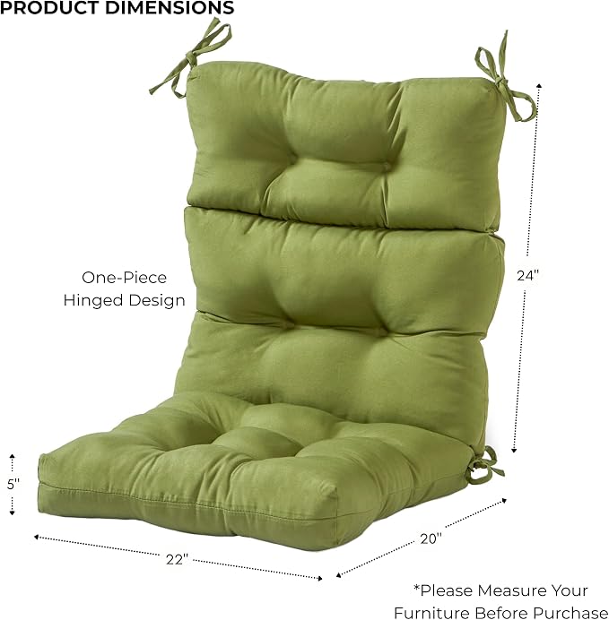 Outdoor Tufted High-Back Chair Cushions, One-Piece Hinged Seat and Back Design, Reversible with 4 Ties, Durable Polyester Fabric, Recycled Fiber Fill - Single, Hunter Green