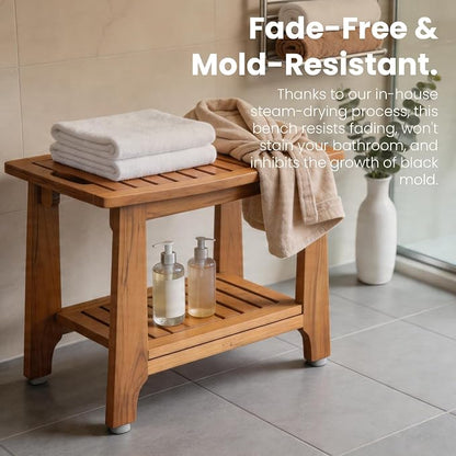NNN 24" Home Teak Shower Bench with Japan-Made Non-Slip Leveling Feet | US Patented Design, Marine-Grade Hardware, Pre-Oiled European Teak Oil, Ready, 300lb, for Showers Spa Sauna & Outdoor Pools