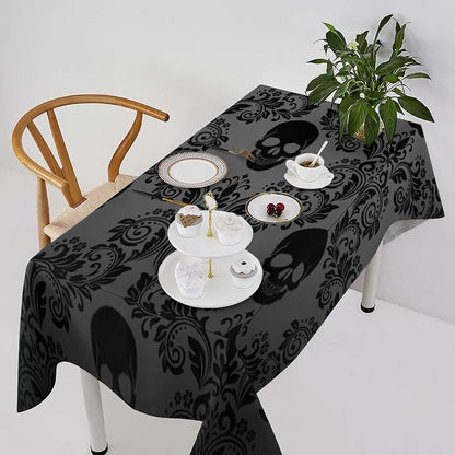 Gothic Black Damask Tablecloth, Vintage Floral Exotic Suger Skull Bohemian Antique Victorian Table Cloth Water Resistant Table Cover for Farmhouse Party Holiday Kitchen Dinner Table 55x55"