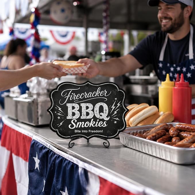 Patriotic BBQ Table Sign for Hot Dog Stand, Wooden Independence Day Food Display with Metal Stand, 5 x 7 Inch Buffet Decor for Restaurant, Food Truck, Cookout - A05