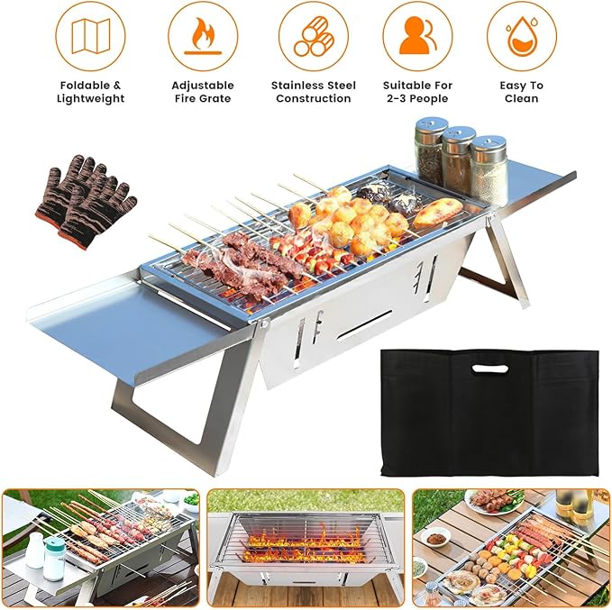 3-in-1 Portable Charcoal Grill Foldable Camping BBQ, Tabletop Stainless Steel Grill with Adjustable Fire Grate & Carry Bag for Outdoor, Picnic, Backyard (10.63x7.01in Cooking Area)