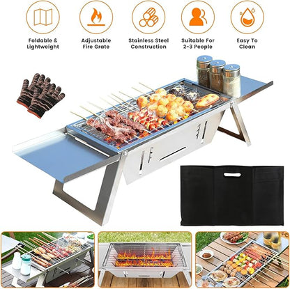 3-in-1 Portable Charcoal Grill Foldable Camping BBQ, Tabletop Stainless Steel Grill with Adjustable Fire Grate & Carry Bag for Outdoor, Picnic, Backyard (10.63x7.01in Cooking Area)