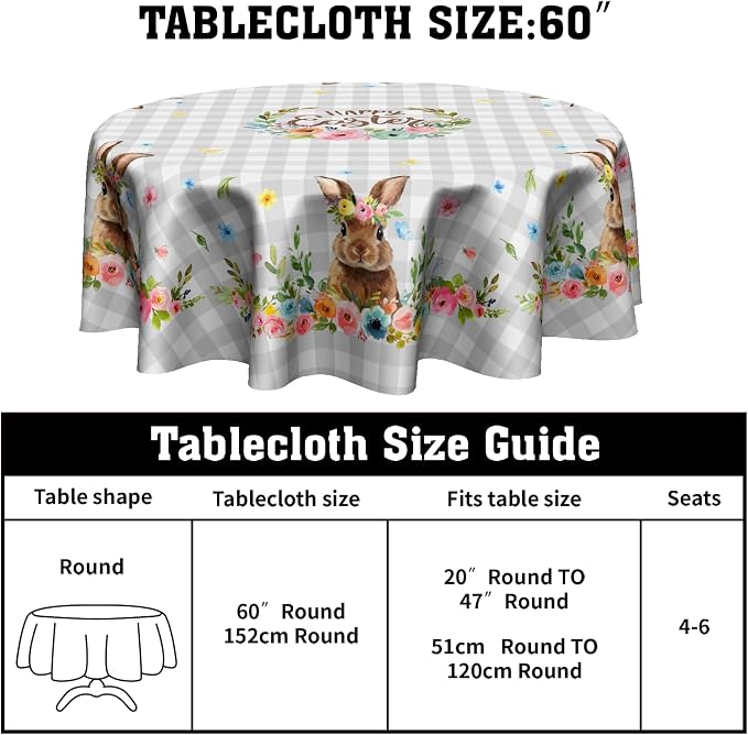 Sweetshow Happy Easter Wreath Table Cloth Round Colorful Flowers Grey White Buffalo Plaid Rabbit Tablecloth 70 Inch Decor Washable Stain and Wrinkle Spring Floral Round Table Cover for Dining Picnic