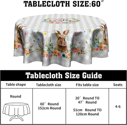 Sweetshow Happy Easter Wreath Table Cloth Round Colorful Flowers Grey White Buffalo Plaid Rabbit Tablecloth 70 Inch Decor Washable Stain and Wrinkle Spring Floral Round Table Cover for Dining Picnic