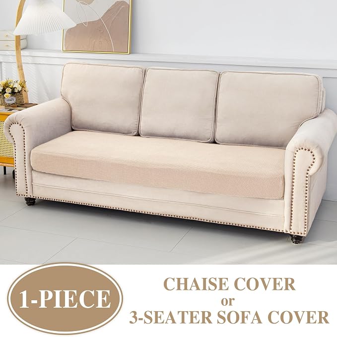LA MEACK Couch Cushion Cover Chaise Lounge Cover Washable Separate Seat Chaise Couch Cover Stretch Sectional Sofa Slipcover(1 Piece for Chaise or Sofa 3-Seater, Natural)