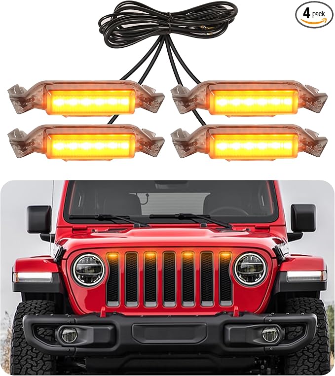 LED Grill Lights for Jeep Wrangler JL JLU Accessories 2018-2023, Amber | Direct-Snap Front Grille LED Accent Marker Lights, IP68 Waterproof, Enhanced Night Visibility, Raptor-Style Exterior Lighting