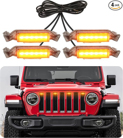 LED Grill Lights for Jeep Wrangler JL JLU Accessories 2018-2023, Amber | Direct-Snap Front Grille LED Accent Marker Lights, IP68 Waterproof, Enhanced Night Visibility, Raptor-Style Exterior Lighting
