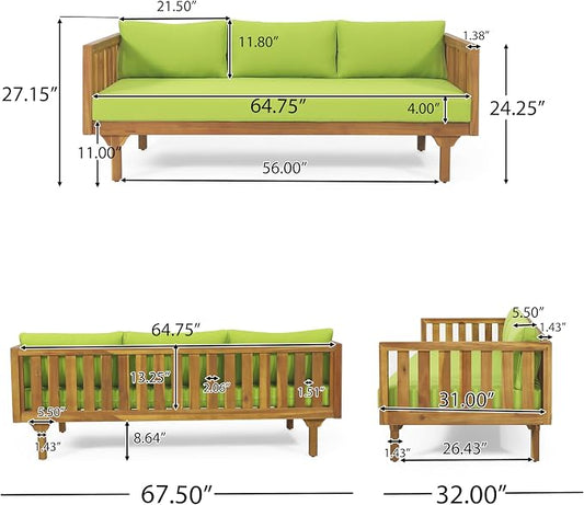 Merax Outdoor Acacia Wood Conversation Set, 3-Seat Loveseat Sofa w/Coushion and Round Coffee Table for Backyard, Patio Furniture,Teak+Green