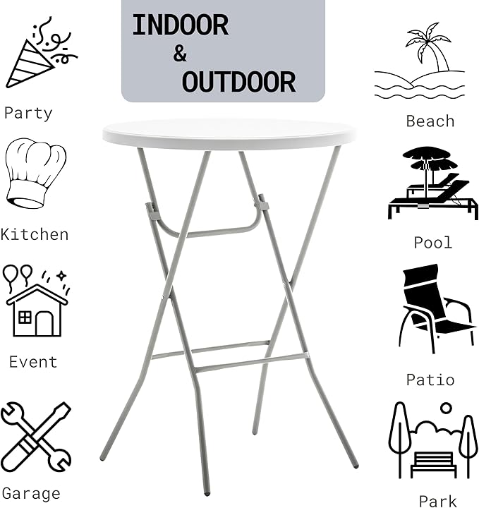 BTEXPERT White 2.63 Ft 32in Round Plastic Bar Height Folding Table 330lb Weight Capacity Indoor Outdoor Accessory for Patio Backyard Dining Wedding Standing Party Events Home, Thick Top Metal Frame