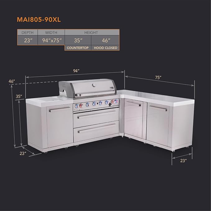 Mont Alpi Premium 94"W x 75"D x 46"H Stainless Steel L-shaped Modular Outdoor Kitchen Island with Infrared Side Burner + 44"W 6-Burner BBQ Gas Grill + Granite Countertops + Storage Cabinets + Drawers