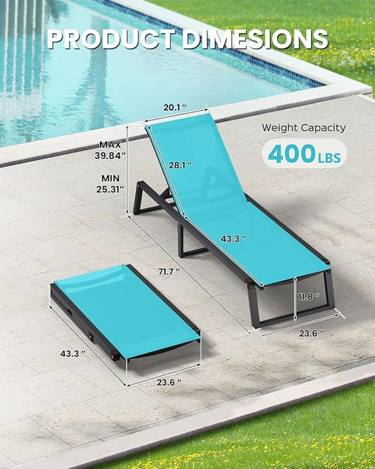 Aluminum Chaise Lounge Chair Outdoor, Foldable& No Assembly Patio Pool Lounge Chairs 5-Position Recliner for Outside, Fully Grounded Legs Sun Lounger for Poolside, Lake Blue, 2 Pack