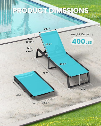 Aluminum Chaise Lounge Chair Outdoor, Foldable& No Assembly Patio Pool Lounge Chairs 5-Position Recliner for Outside, Fully Grounded Legs Sun Lounger for Poolside, Lake Blue