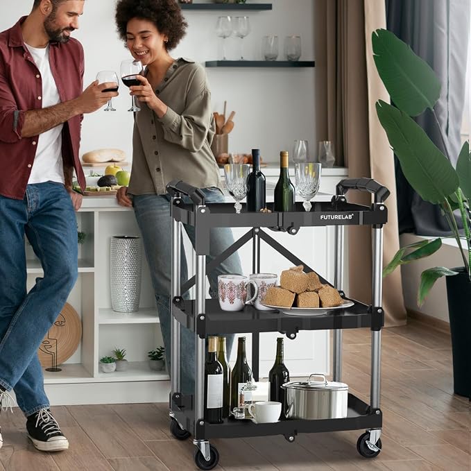 Portable Folding Service Cart - 3 Tier 330LBS Capacity - Rolling Utility Foldable Cart with Wheels for Warehouse Home Workshops Garages Restaurants Offices