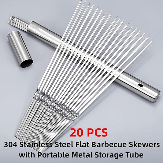 WILLBBQ 304 Stainless Steel 14.8" Long Flat Barbecue Skewers,20PCS/40PCS BBQ Kebab Skewers with Portable Metal Storage Tube,Reusable for Grilling Barbecue Kitchen Party and Outdoor Cooking (20PCS)
