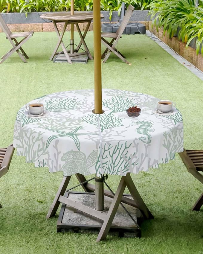Sage Green Coastal Outdoor Tablecloth - 60 Inch Round Waterproof Dining Table Cover, Sea Turtle Nautical Coral Beach Starfish Outdoor Table Cloth with Umbrella Hole & Zipper for Picnic