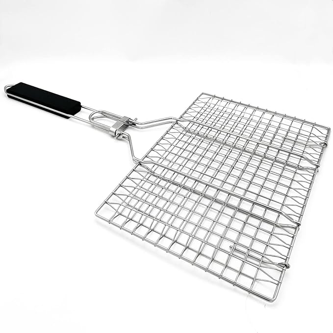 Stainless Steel BBQ Grill Basket With Silicone Brush And Stainless Steel Tong Barbecue Fish Grill Basket for Outdoor Grill Foldable Vegetable Grilling Rack