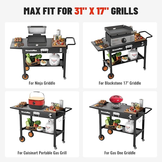 Outdoor Grill Table, Portable Grill Cart with Storage and Wheels, Fits 17/22 Inch Blackstone Griddle, Ninja Grille & More, Outdoor Grill Station for Camping, Patio, Backyard & Tailgating