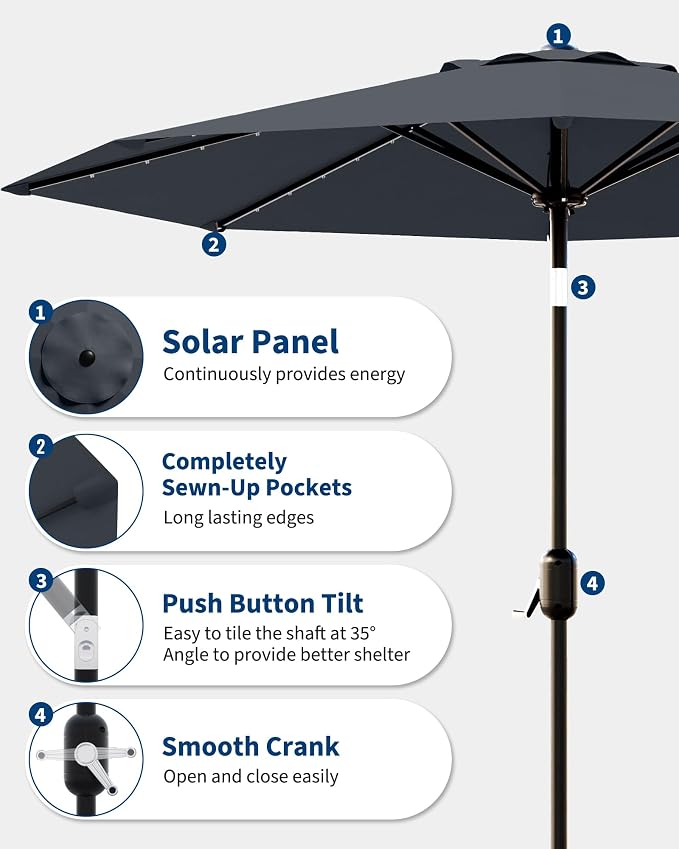 GarveeLife 10 ft Patio Umbrella with Solar Lights, 8 Ribs Outdoor Market Table Umbrella with 40 LED Lights & Tilt Crank for Pool, Deck, Backyard (Grey)