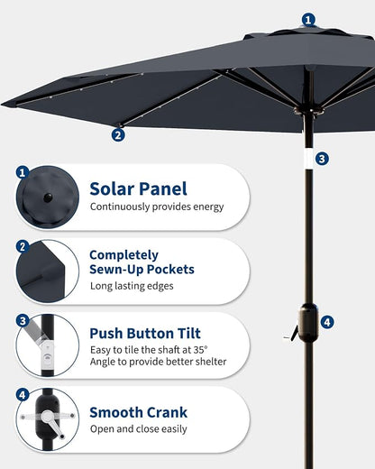 GarveeLife 10 ft Patio Umbrella with Solar Lights, 8 Ribs Outdoor Market Table Umbrella with 40 LED Lights & Tilt Crank for Pool, Deck, Backyard (Grey)
