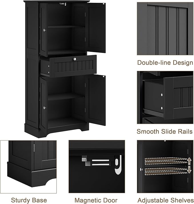 ChooChoo 51" H Bathroom Floor Cabinet with Drawers and Adjustable Shelves | Bathroom Storage Cabinet, Freestanding Kitchen Pantry Cupboard with 4 Doors for Living Room, Black