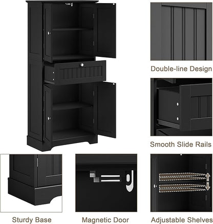 ChooChoo 51" H Bathroom Floor Cabinet with Drawers and Adjustable Shelves | Bathroom Storage Cabinet, Freestanding Kitchen Pantry Cupboard with 4 Doors for Living Room, Black