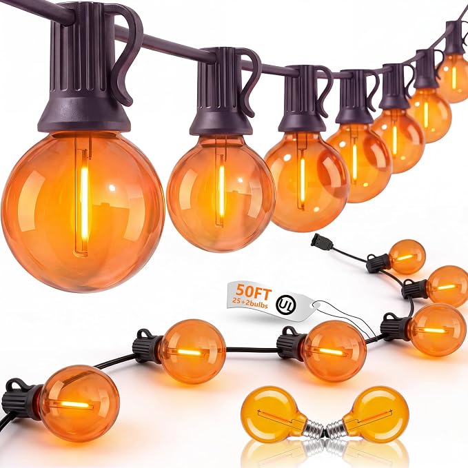 50Ft Outdoor Halloween Orange String Lights, 27 G40 Globe Shatterproof Bulb | Waterproof Patio String Lights, Dimmable Hanging Orange Halloween Lights for Porch Deck Garden Backyard Balcony Decorations