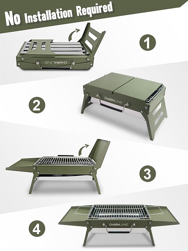 Charmline 14x9inch Small Foldable Portable Charcoal Grill, Charcoal Grills for Camping, Picnics, Gardens and Beach Parties, Green, With 32x20in Fireproof Mat