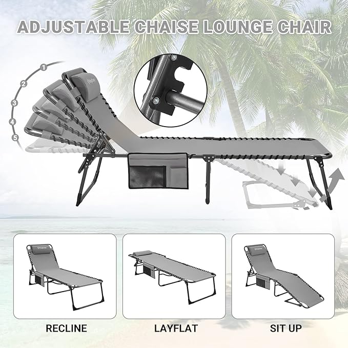 KingCamp Folding Outside Patio Lounge Chair Adjustable 5-Position Adults Reclining Folding Chaise with Pillow, for Patio, Pool, Beach, Sunbathing, Deck, Lawn,1 Pack,Grey, 4.8" x 23.2" x 14.5"