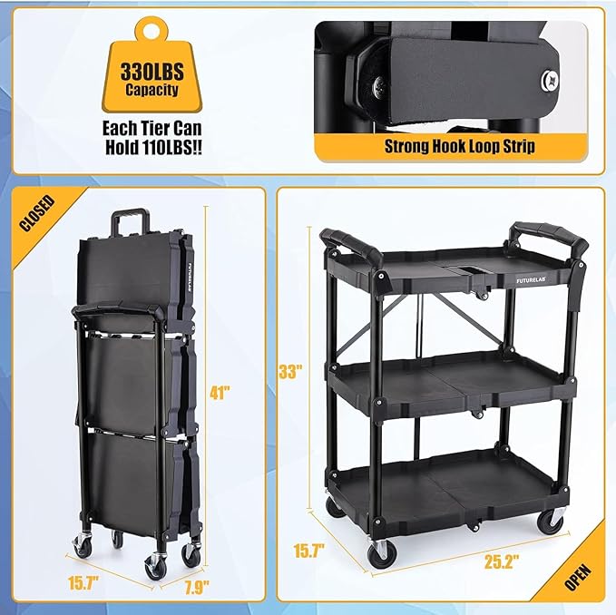 Portable Folding Service Cart - 3 Tier 330LBS Capacity - Rolling Utility Foldable Cart with Wheels for Warehouse Home Workshops Garages Restaurants Offices