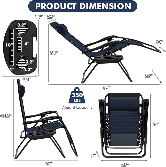Giantex 2 PCS Zero Gravity Chair, Outdoor Chaise Lounge with Cup Holder, Patio Folding Chairs Recliner for Yard Pool Lawn Balcony
