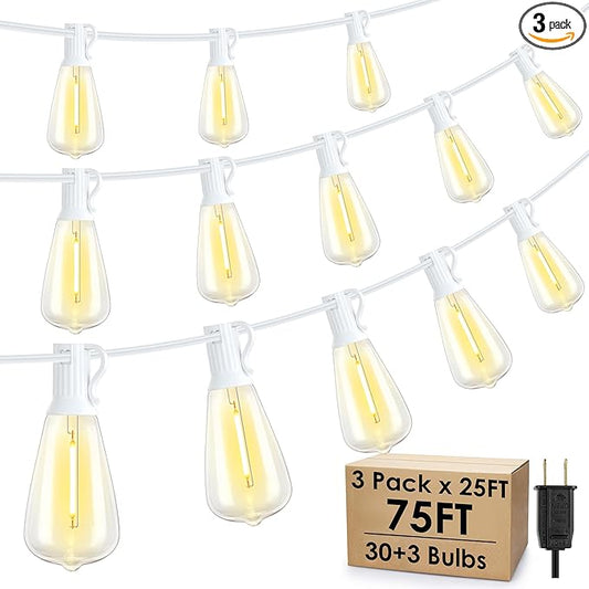 Larkvue 75FT(3x25FT) Outdoor String Lights, Patio Lights with 30+3 LED Dimmable Waterproof Connectable ST38 Bulbs for Gazebo Backyard Christmas, White