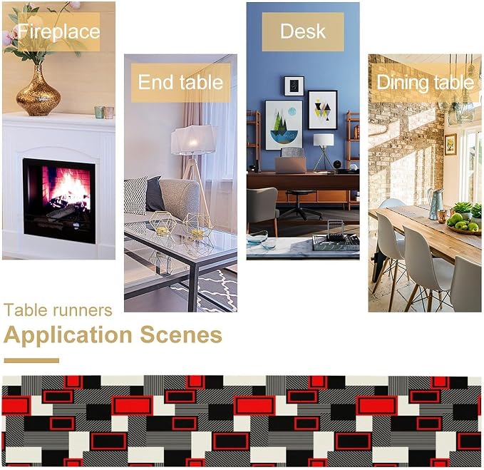 Red Gray Black Table Runners for Tabletop Decorations Mid Century Modern Abstract Geometry Lattice for Dinning Holiday Party Indoor Outdoor Decor, Abstract Lines 13x108in