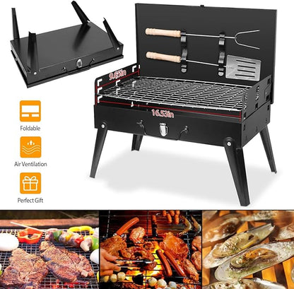 Portable Charcoal Grill Foldable BBQ Suitcase Grill Shelf For Outdoor Camping Picnics Garden Grilling，16.7x10x17.7in