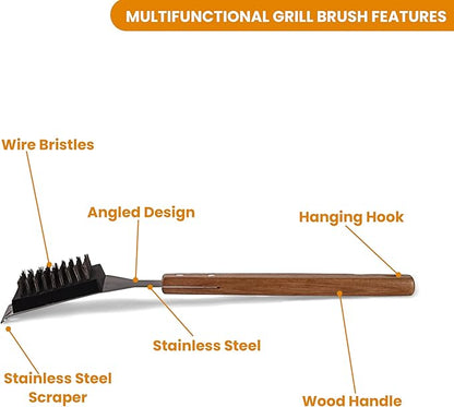 Grill Brush and Scraper for Barbecue with Replaceable Stainless Steel Bristles Head – Grill Brush for Outdoor Grill with Extended 15” Large Wooden Handle -No Scratch on Grill