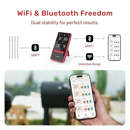 Wireless Bluetooth Meat Thermometer Digital, Standalone Base, WiFi Unlimited Range, AI guided cooking, 6 Sensors with ± 0.18°F Accuracy, 4 Probes for Kitchen, BBQ, Grill, Oven, Smoker (Z Pro)