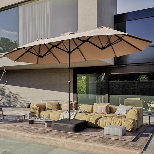 Kingdura 15ft Large Patio Umbrella with Base Included, Double-Sided Rectangle Outdoor Table Umbrella with 12 Reinforced Ribs, Crank Lift for Market Pool Deck Backyard, Beige