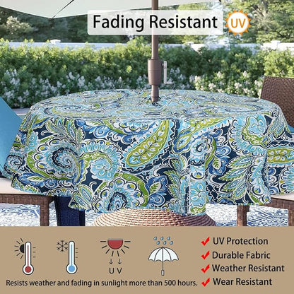 60" Round Tablecloth with Umbrella Hole and Zipper, Washable Waterproof Wrinkle Free Zippered Patio Table Cloths Table Covers for Spring, Summer, Party, Backyard, Picnic, BBQS (Paisley Lapis Green)