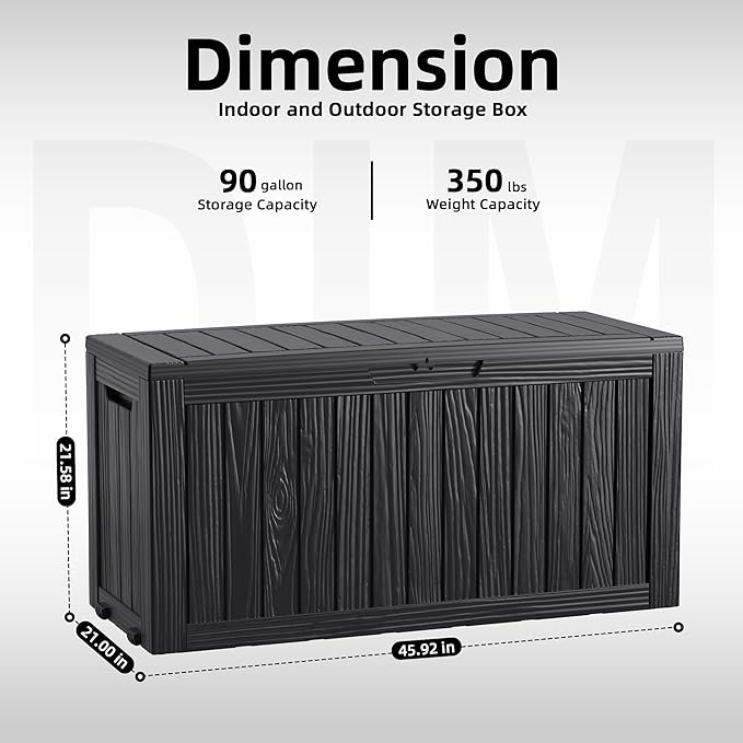 PatioZen 90 Gallon Deck Box Outdoor, Weatherproof Resin Patio Storage Box, Waterproof Outdoor Storage Boxes with Lid Lockable for Cushions, Garden Tools,Black