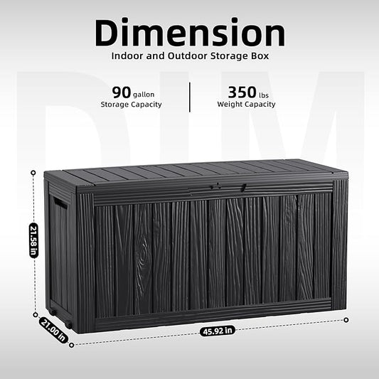 PatioZen 90 Gallon Deck Box Outdoor, Weatherproof Resin Patio Storage Box, Waterproof Outdoor Storage Boxes with Lid Lockable for Cushions, Garden Tools,Black