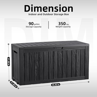 90 Gallon Large Outdoor Storage Box Waterproof, Lockable Deck Box with Wheels & Built-in Handle for Patio Furniture, UV Resistant, Outside Storage Box for Garden Tools, Patio Cushions, Black