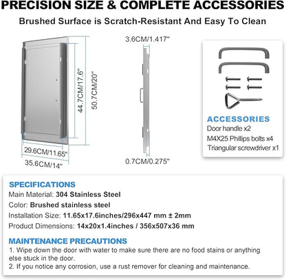 BBQ Access Door 14" W x 20" H-304 Stainless Steel Never Rust-Double Layer-Outdoor Kitchen Doors-Outside Cabinet Door-Weatherproof GrillDoor-Flush Mount BBQ Island Doors-MetalDoor for Outdoor Kitchen