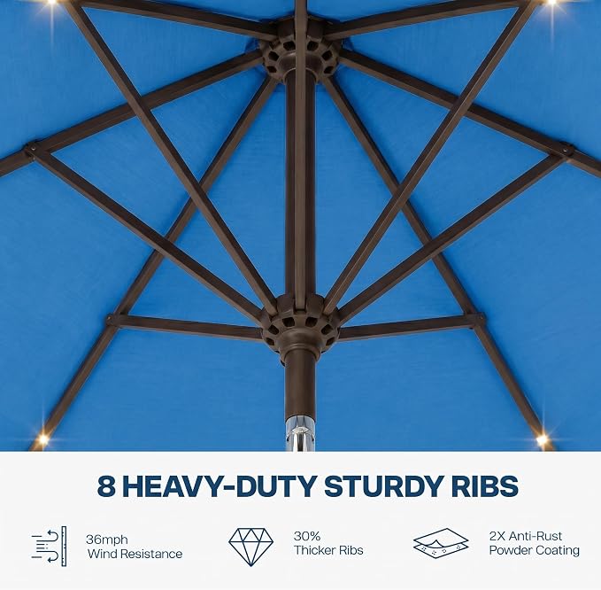 10FT Solar Patio Umbrella with Lights, Outdoor Table Market Umbrella with 32 LED Lights, 8 Sturdy Ribs, Push Button Tilt and Crank for Pool, Deck and Garden, UV-Resistant