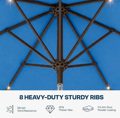 10FT Solar Patio Umbrella with Lights, Outdoor Table Market Umbrella with 32 LED Lights, 8 Sturdy Ribs, Push Button Tilt and Crank for Pool, Deck and Garden, UV-Resistant